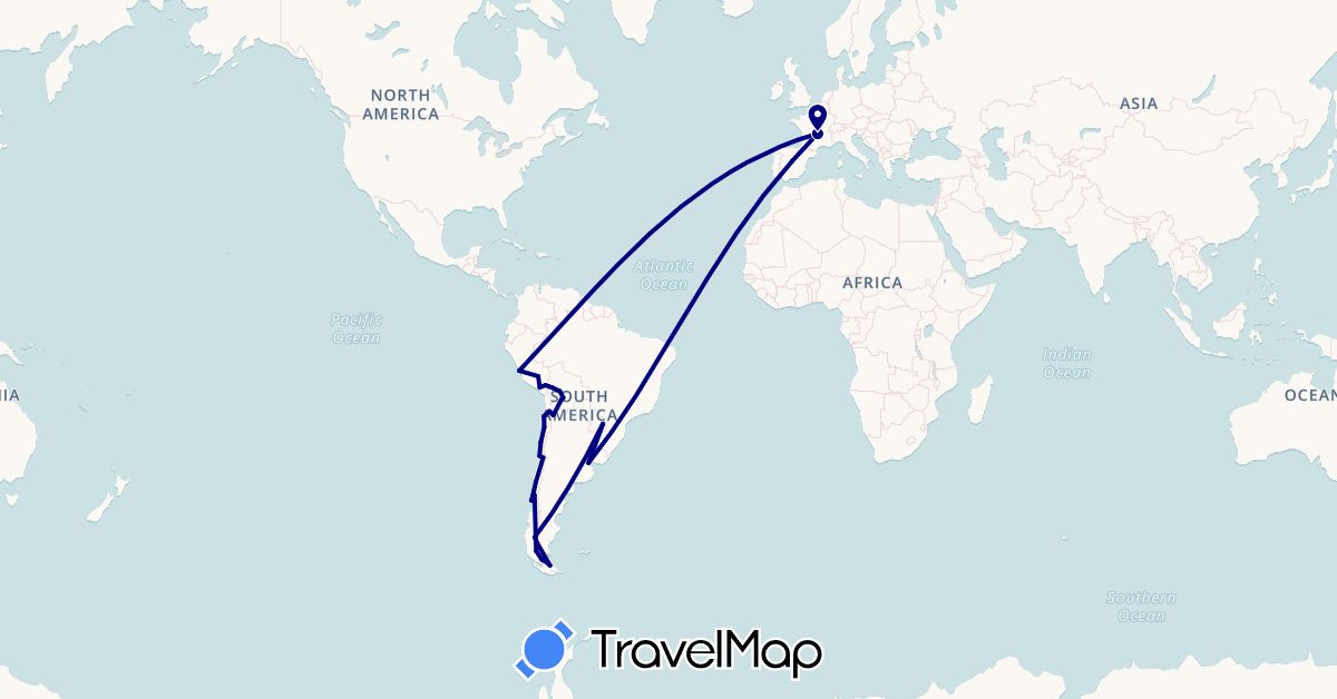 TravelMap itinerary: driving in Argentina, Bolivia, Brazil, Chile, Spain, France, Peru (Europe, South America)