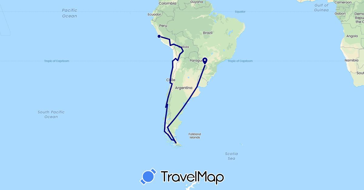 TravelMap itinerary: driving in Argentina, Bolivia, Brazil, Chile, Peru (South America)